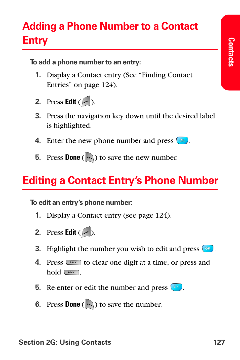 Adding a phone number to a contact entry, Editing a contact entry’s phone number | Sprint Nextel MM-A800 User Manual | Page 141 / 318