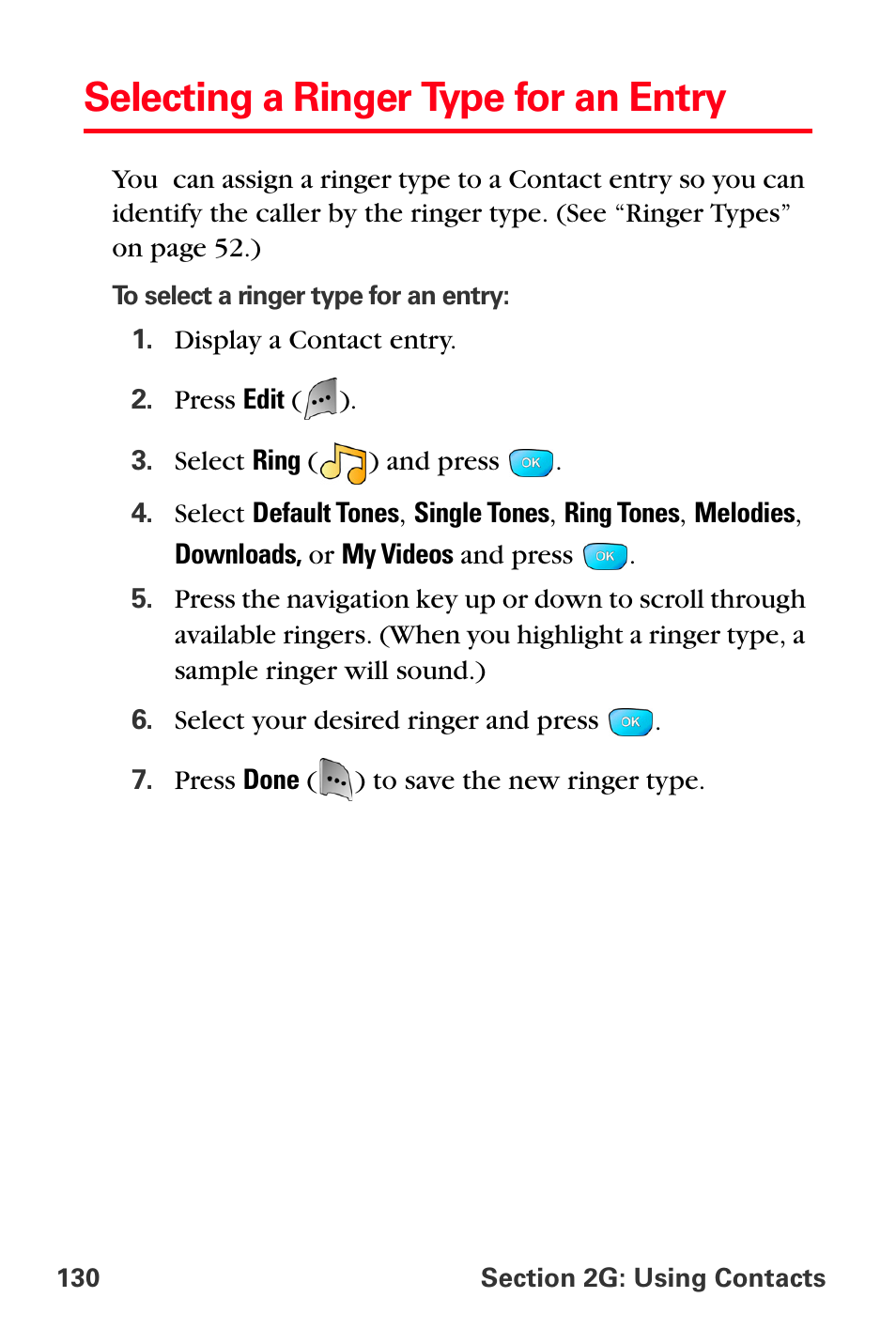 Selecting a ringer type for an entry | Sprint Nextel MM-A800 User Manual | Page 144 / 318