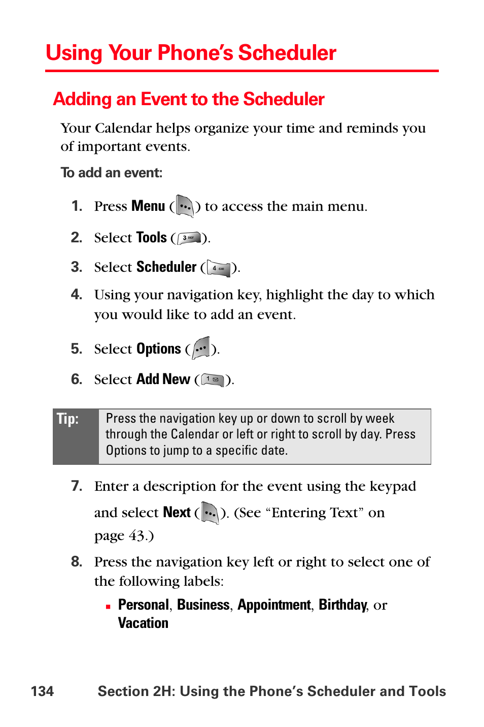 Using your phone’s scheduler, Adding an event to the scheduler | Sprint Nextel MM-A800 User Manual | Page 148 / 318