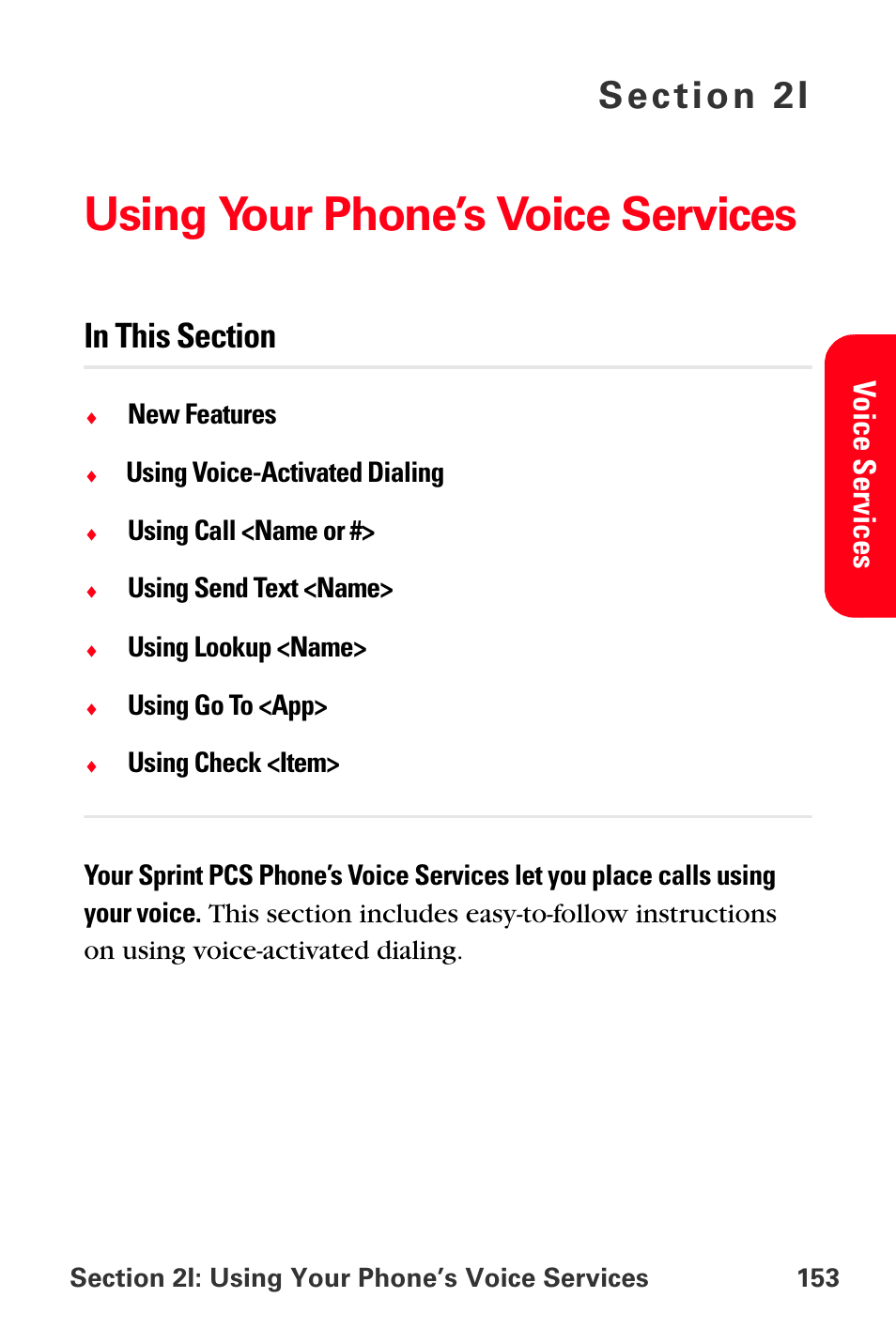 Using your phone’s voice services, 2i. using your phone’s voice services, Vo ic e se rvi ces | Sprint Nextel MM-A800 User Manual | Page 167 / 318