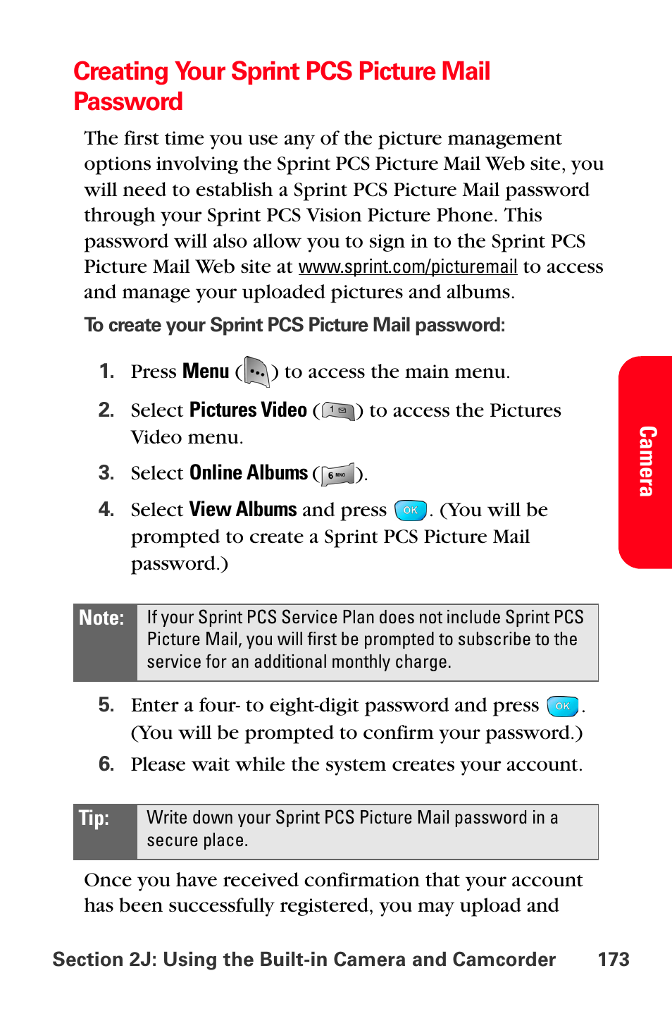 Creating your sprint pcs picture mail password | Sprint Nextel MM-A800 User Manual | Page 187 / 318