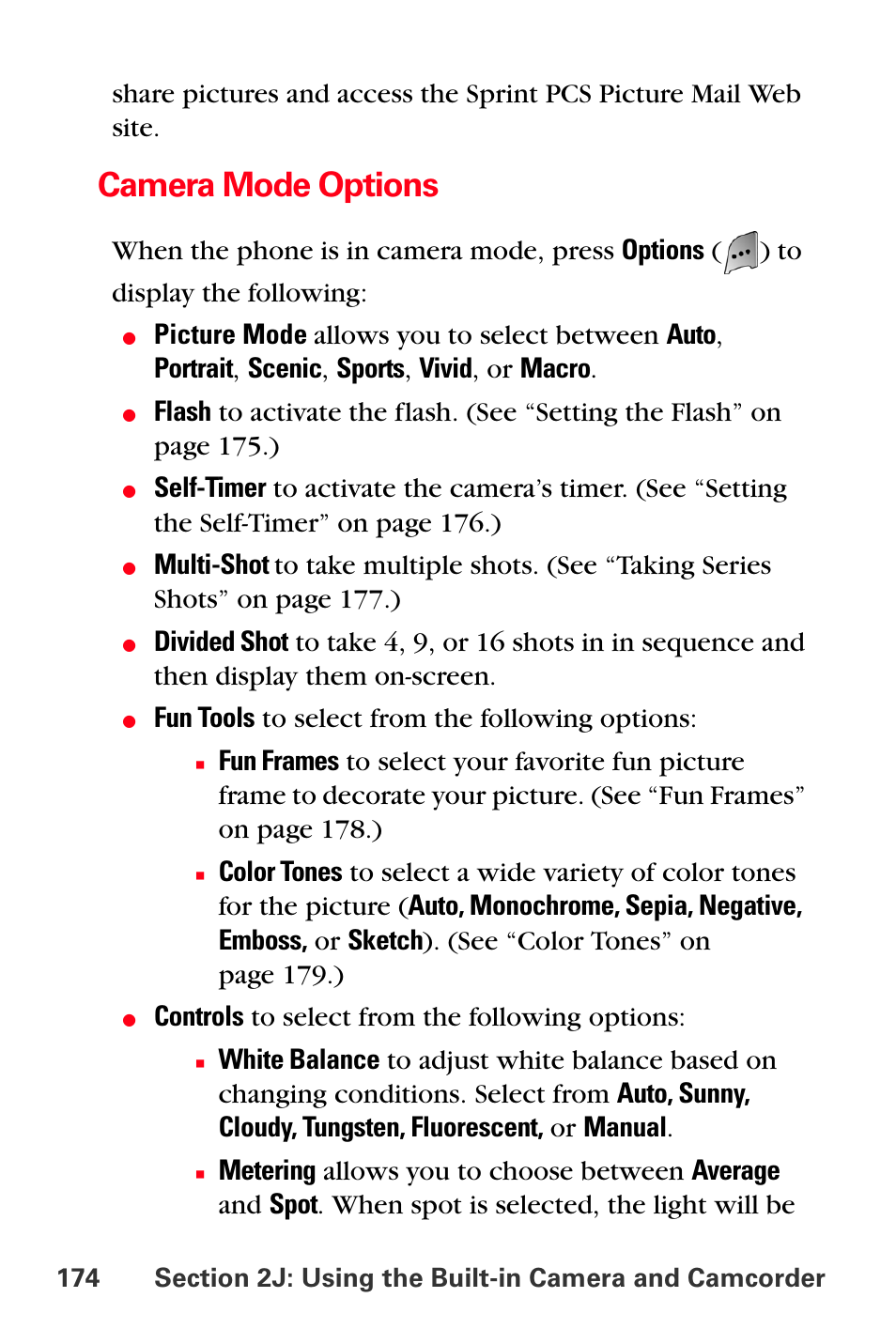 Camera mode options, Fun tools to select from the following options, Controls to select from the following options | Sprint Nextel MM-A800 User Manual | Page 188 / 318