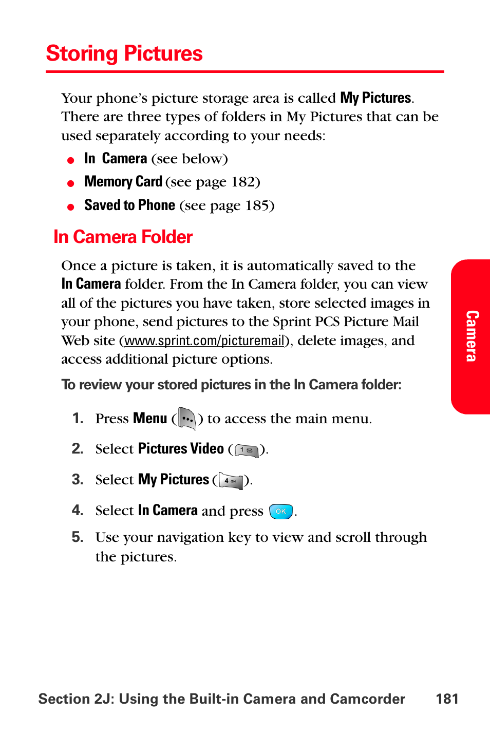 Storing pictures, In camera folder | Sprint Nextel MM-A800 User Manual | Page 195 / 318