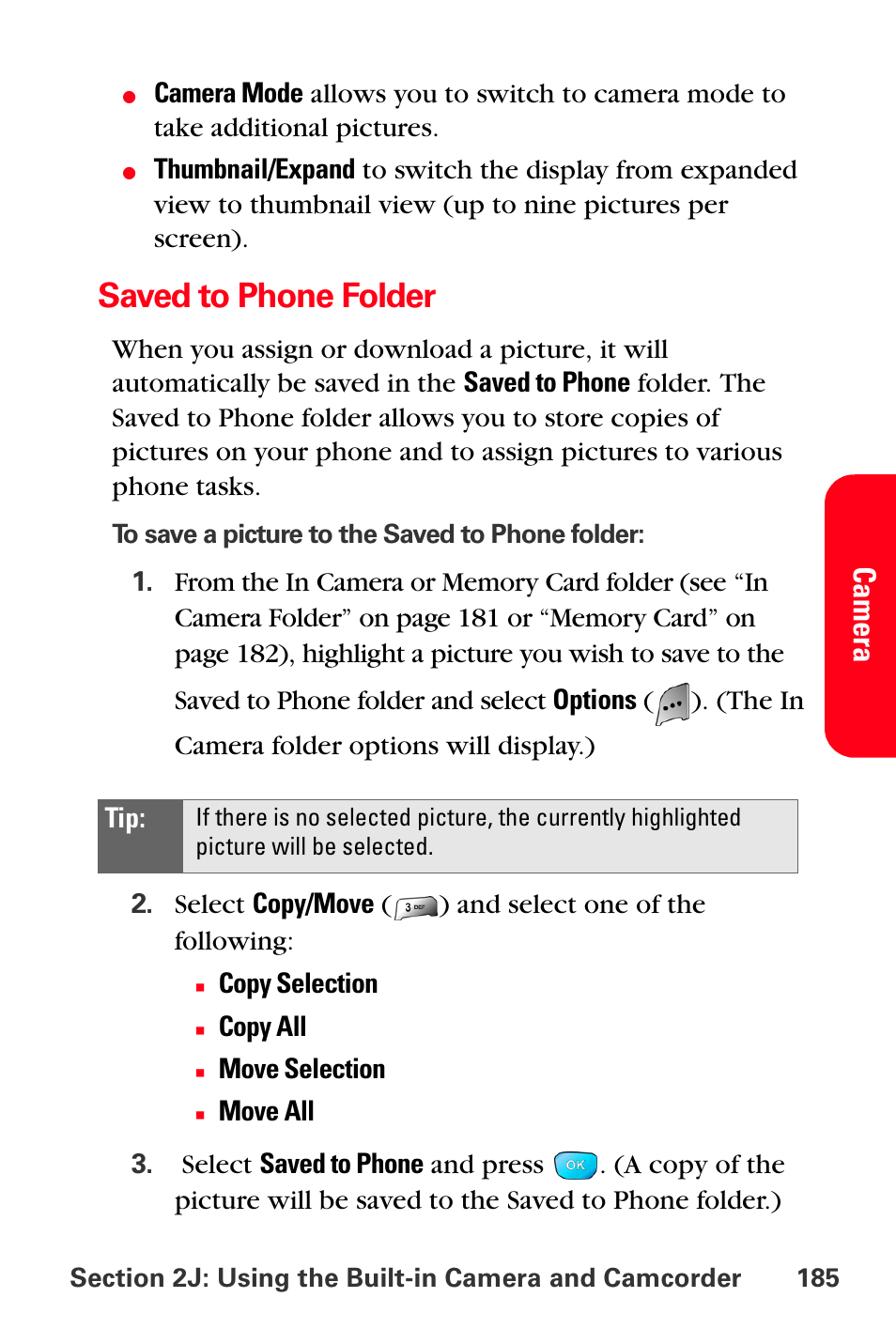 Saved to phone folder, Camer a | Sprint Nextel MM-A800 User Manual | Page 199 / 318