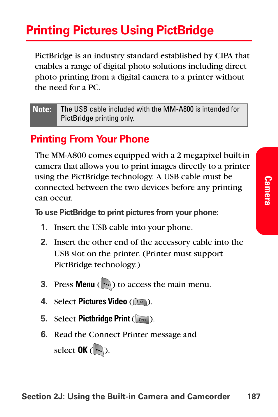Printing pictures using pictbridge, Printing from your phone | Sprint Nextel MM-A800 User Manual | Page 201 / 318