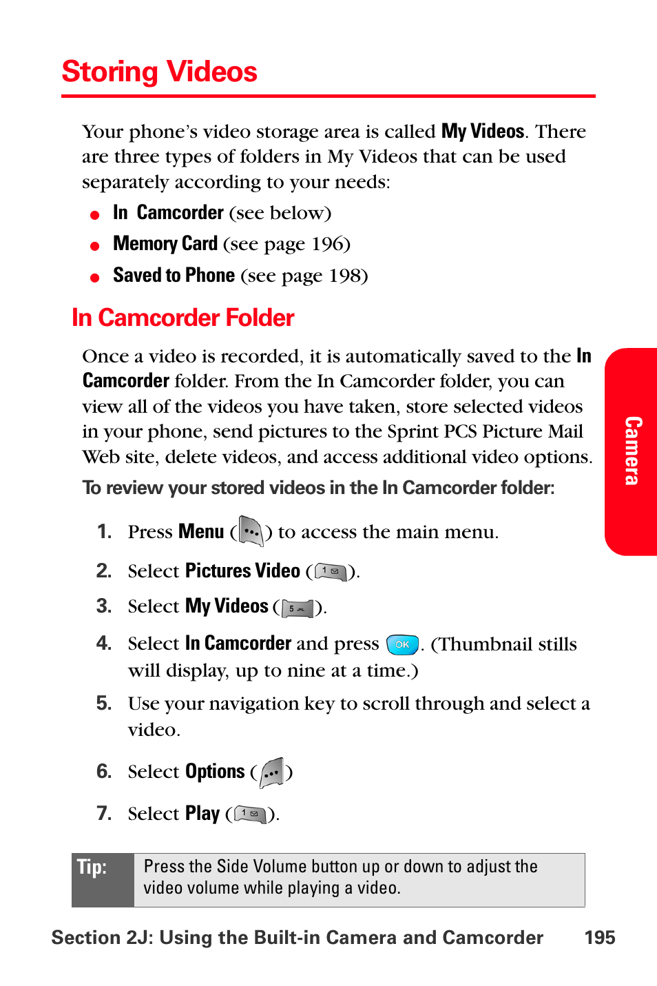 Storing videos, In camcorder folder | Sprint Nextel MM-A800 User Manual | Page 209 / 318