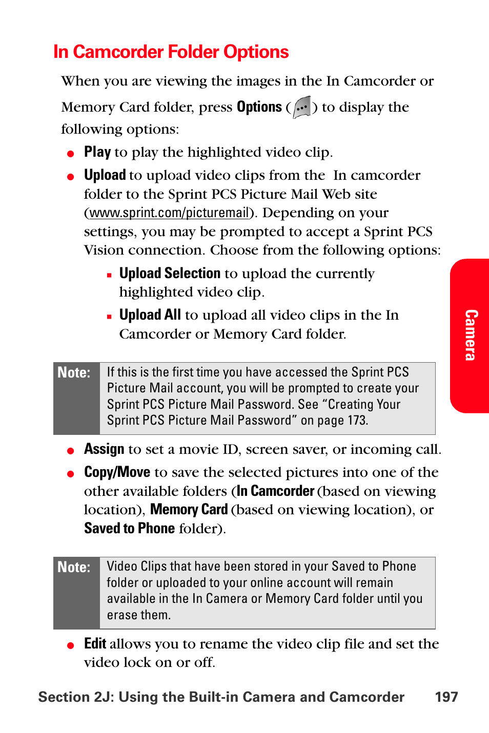 In camcorder folder options, Camer a | Sprint Nextel MM-A800 User Manual | Page 211 / 318
