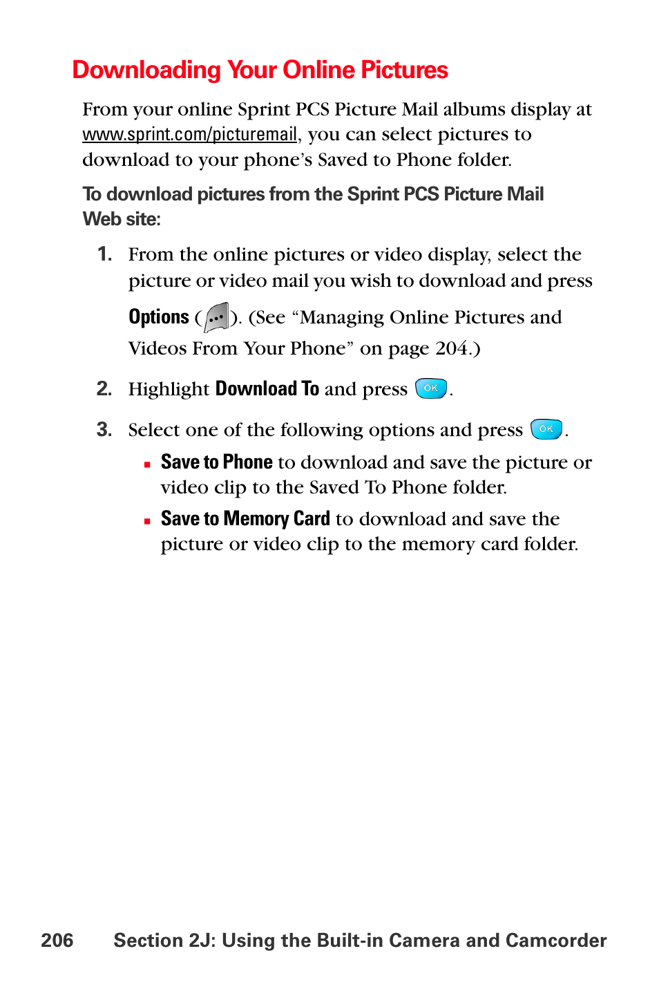 Downloading your online pictures | Sprint Nextel MM-A800 User Manual | Page 220 / 318