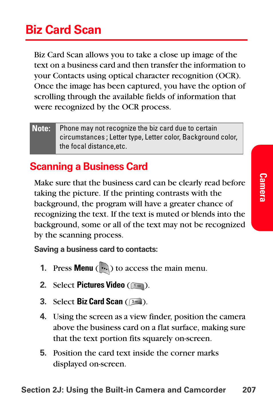 Biz card scan, Scanning a business card | Sprint Nextel MM-A800 User Manual | Page 221 / 318
