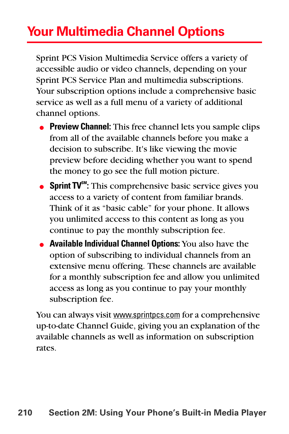 Your multimedia channel options | Sprint Nextel MM-A800 User Manual | Page 224 / 318