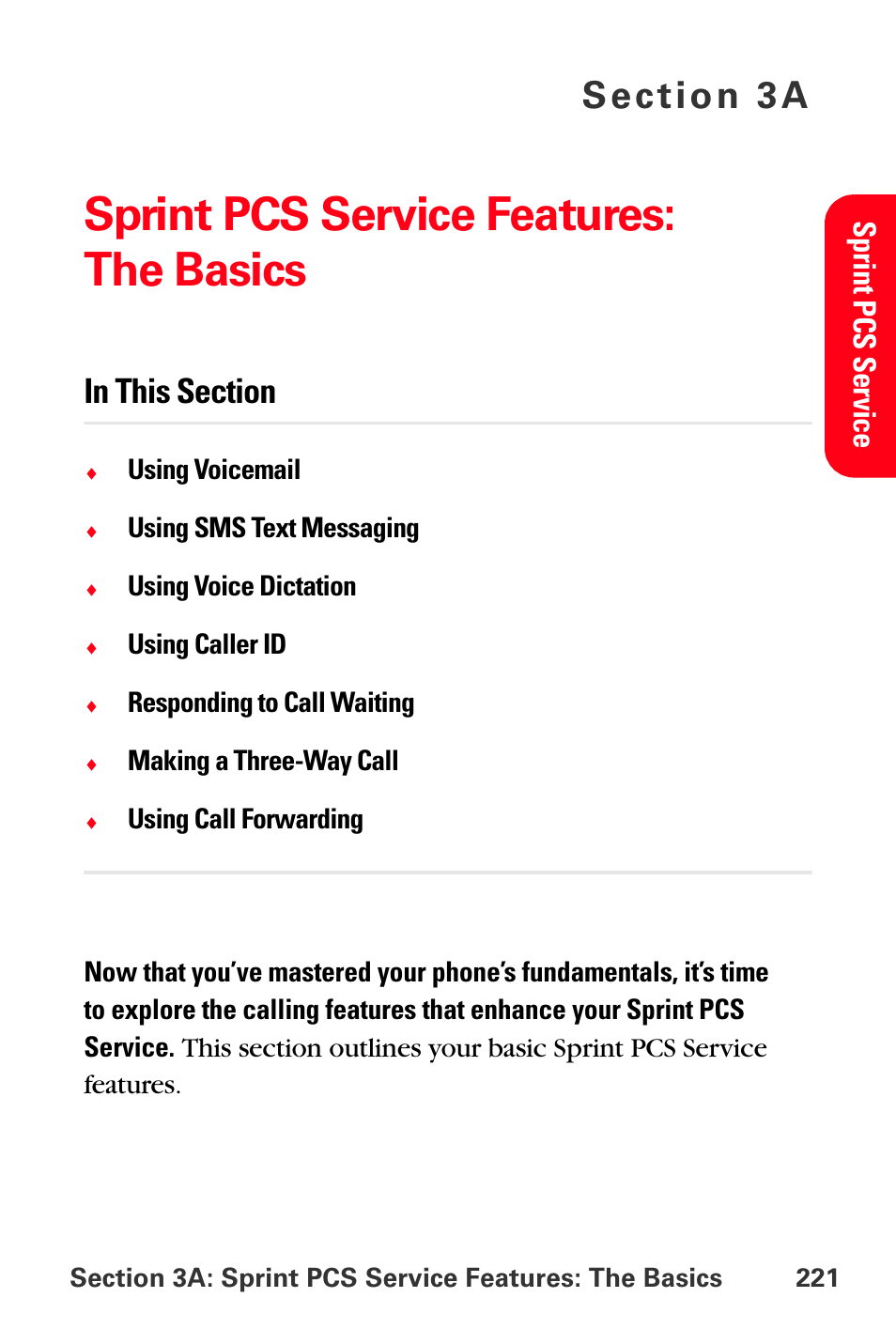 Sprint pcs service features: the basics, 3a. sprint pcs service features: the basics, Sp rint p cs service | Sprint Nextel MM-A800 User Manual | Page 235 / 318
