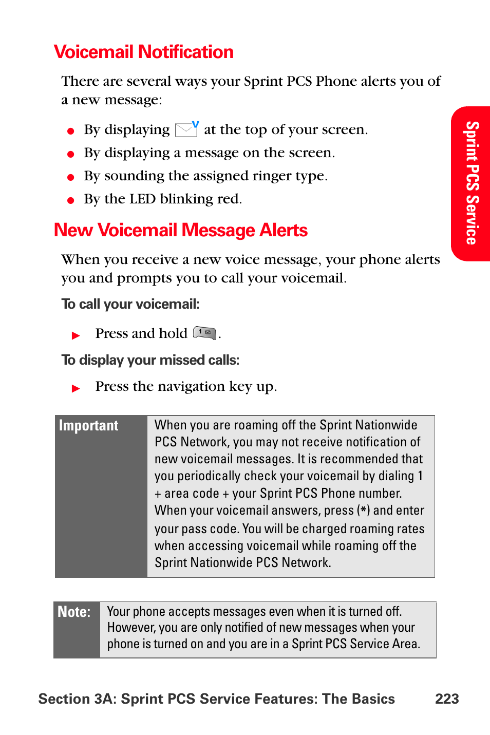 Voicemail notification, New voicemail message alerts, Sp rint p cs service | Sprint Nextel MM-A800 User Manual | Page 237 / 318