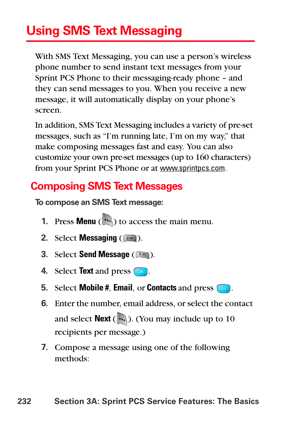 Using sms text messaging, Composing sms text messages | Sprint Nextel MM-A800 User Manual | Page 246 / 318