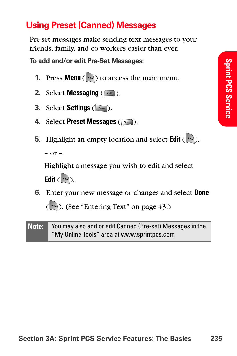 Using preset (canned) messages, Using pre | Sprint Nextel MM-A800 User Manual | Page 249 / 318