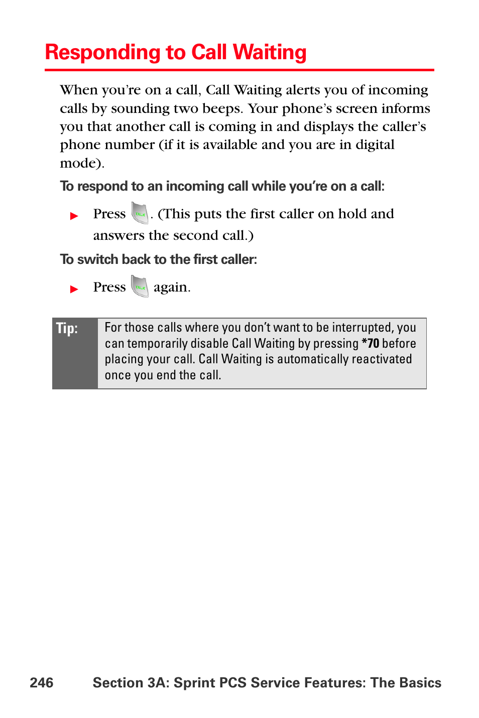 Responding to call waiting | Sprint Nextel MM-A800 User Manual | Page 260 / 318