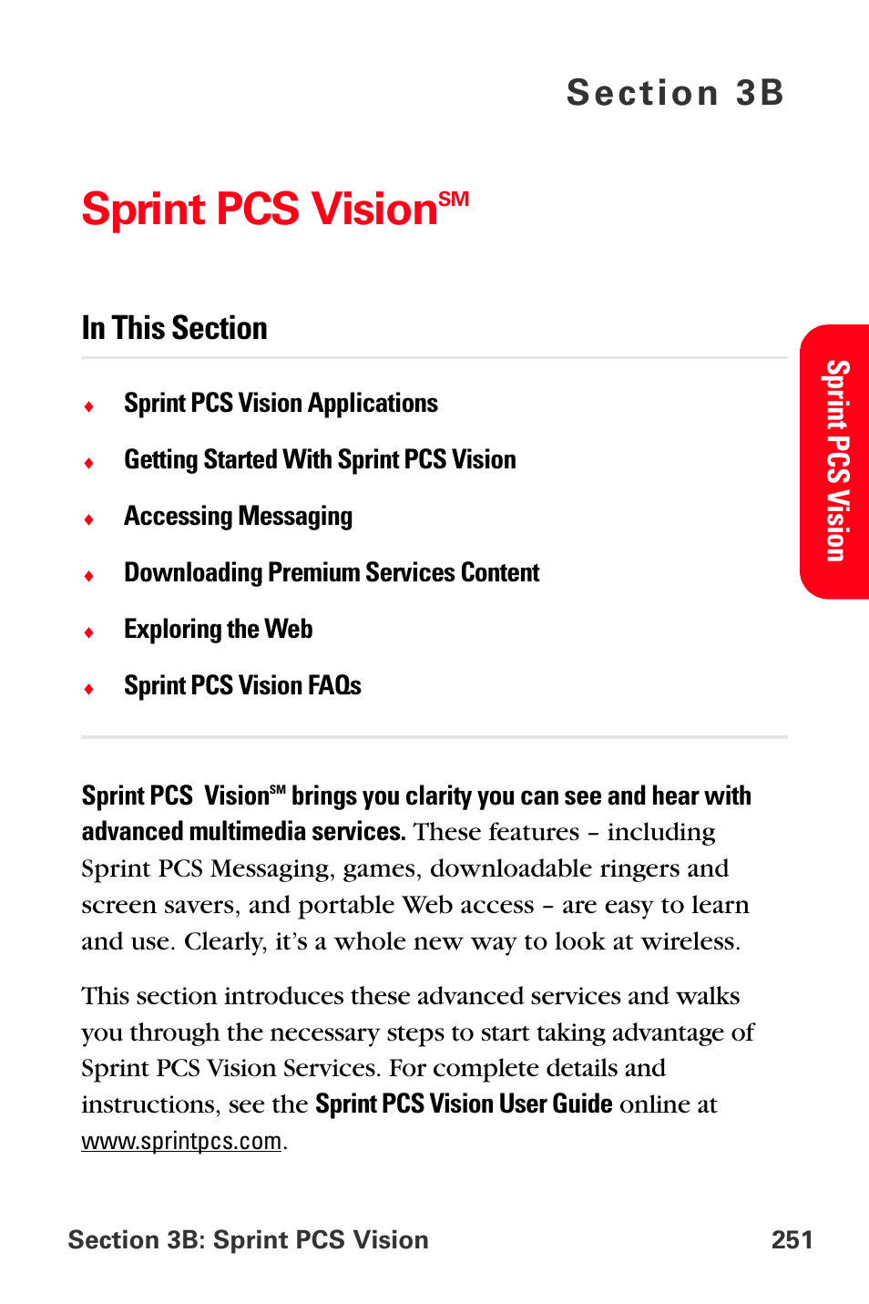 Sprint pcs visionsm, Sprint pcs vision, Sprint p cs v ision | Sprint Nextel MM-A800 User Manual | Page 265 / 318