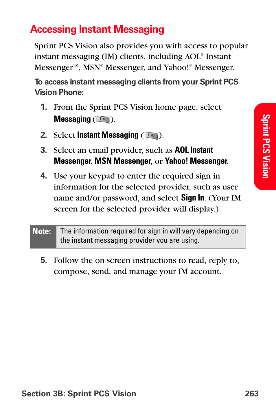 Accessing instant messaging, Sprint p cs v ision | Sprint Nextel MM-A800 User Manual | Page 277 / 318