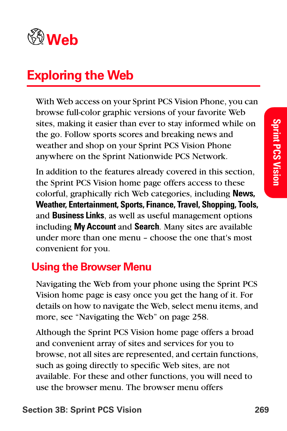 Exploring the web, Using the browser menu | Sprint Nextel MM-A800 User Manual | Page 283 / 318