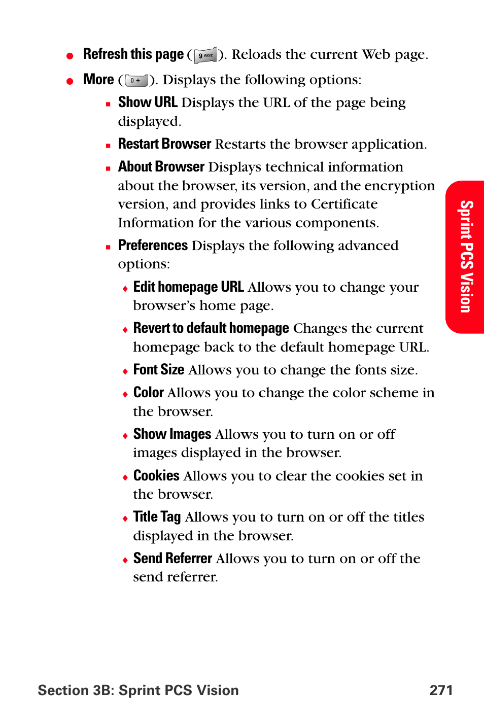 Sprint p cs v ision, More ( ). displays the following options, Restart browser restarts the browser application | Font size allows you to change the fonts size | Sprint Nextel MM-A800 User Manual | Page 285 / 318