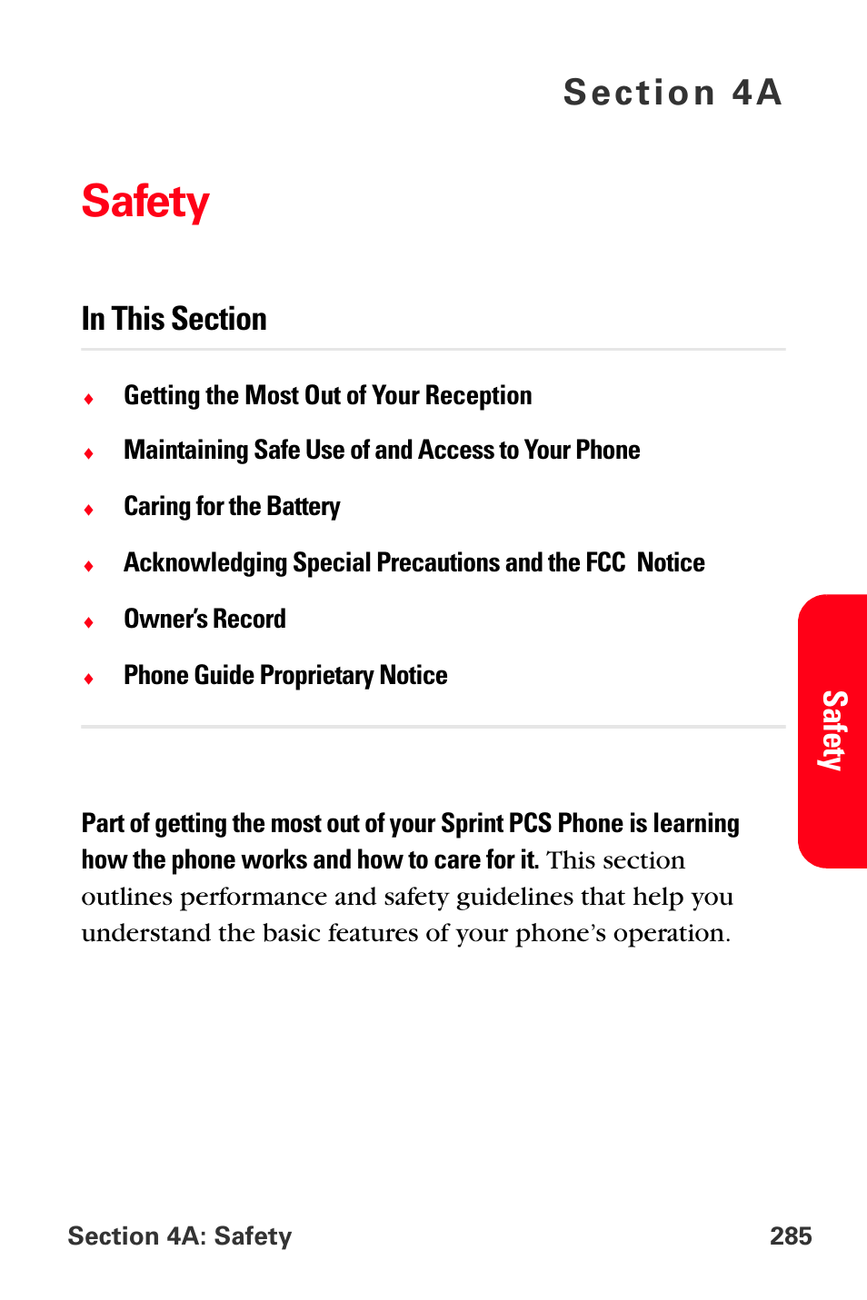 Safety, 4a. safety | Sprint Nextel MM-A800 User Manual | Page 299 / 318