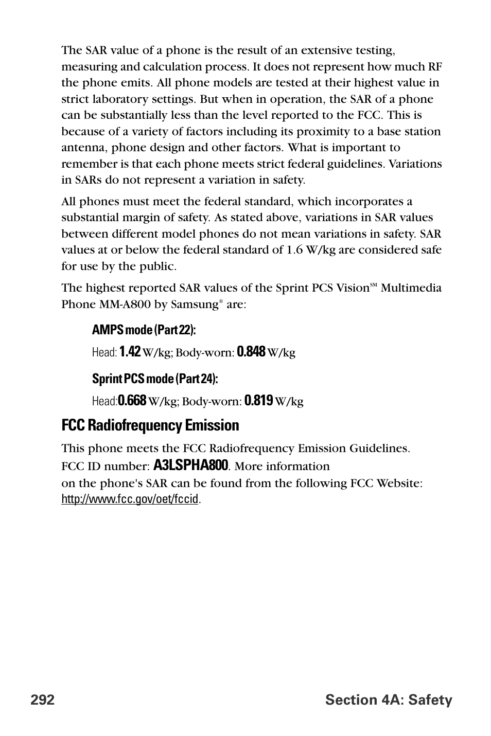 Fcc radiofrequency emission, A3lspha800 | Sprint Nextel MM-A800 User Manual | Page 306 / 318
