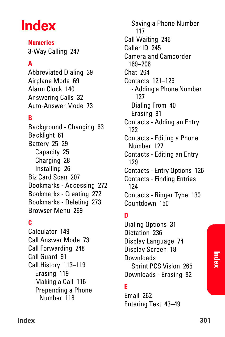 Index | Sprint Nextel MM-A800 User Manual | Page 315 / 318