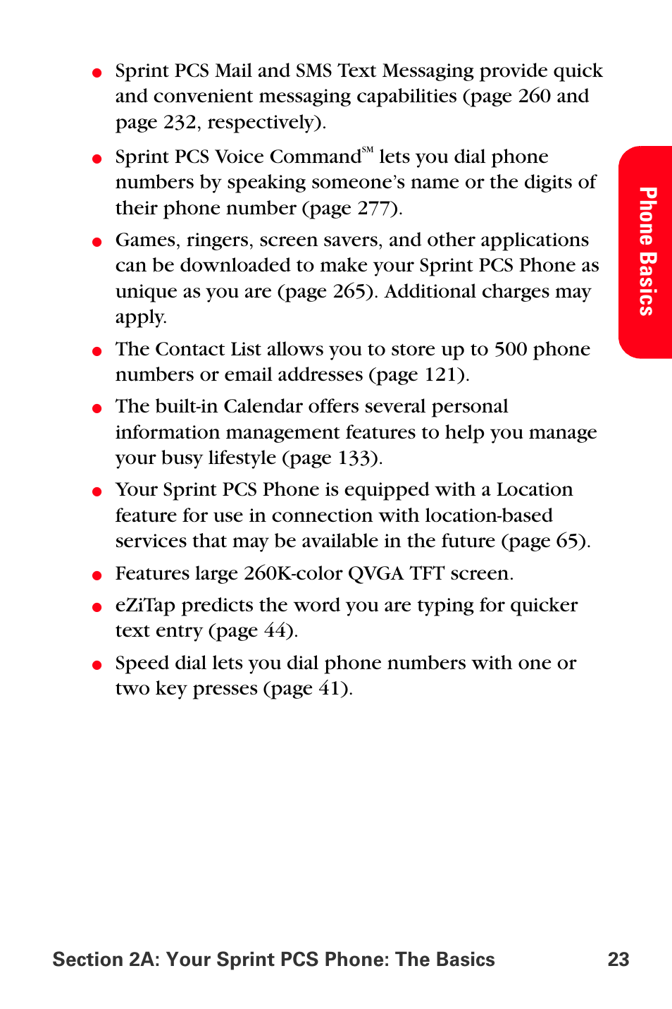 Pho ne basi cs, Sprint pcs voice command, Features large 260k-color qvga tft screen | Sprint Nextel MM-A800 User Manual | Page 37 / 318