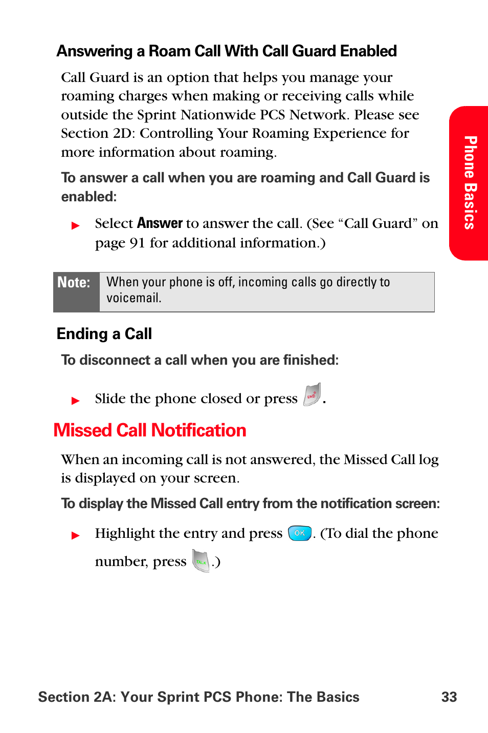 Missed call notification, Pho ne basi cs | Sprint Nextel MM-A800 User Manual | Page 47 / 318