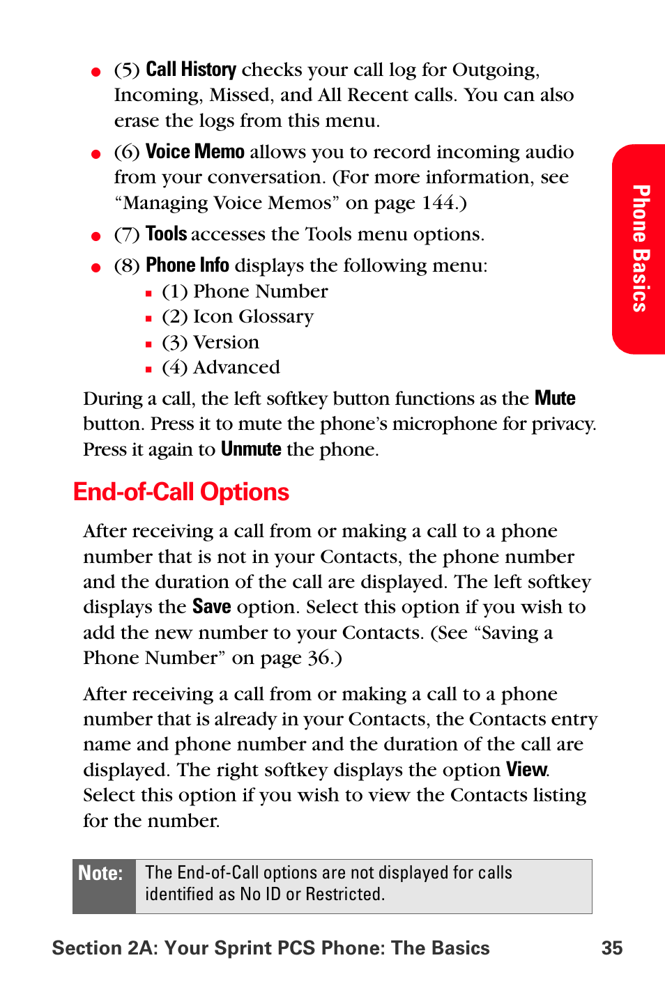 End-of-call options, Pho ne basi cs, 7) tools accesses the tools menu options | 8) phone info displays the following menu, 1) phone number, 2) icon glossary, 3) version | Sprint Nextel MM-A800 User Manual | Page 49 / 318