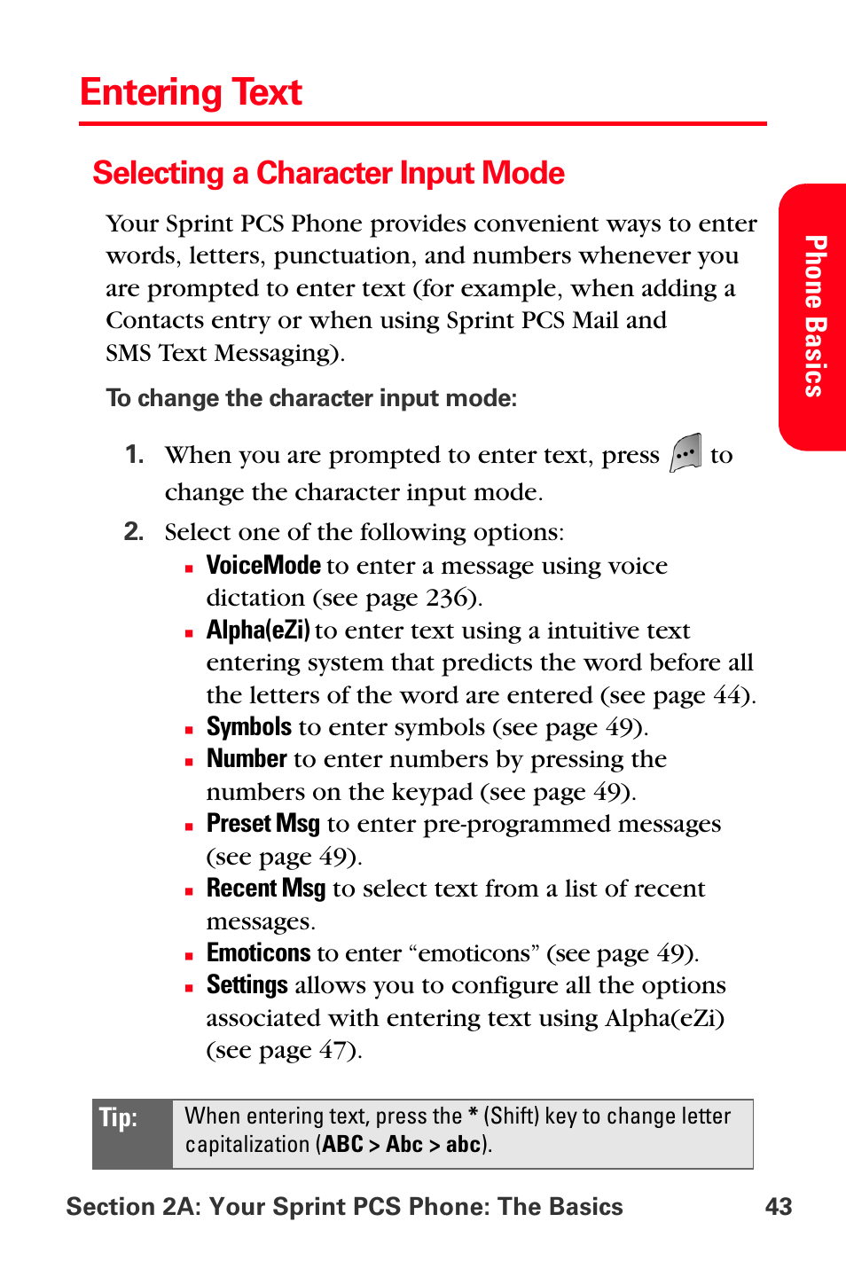 Entering text, Selecting a character input mode, Pho ne basi cs | Sprint Nextel MM-A800 User Manual | Page 57 / 318