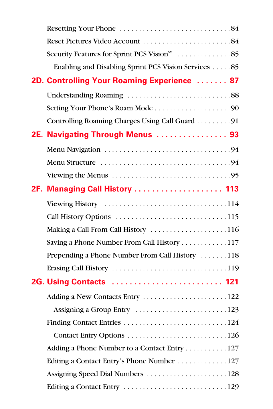 2d. controlling your roaming experience 87, 2e. navigating through menus 93, 2f. managing call history 113 | 2g. using contacts 121 | Sprint Nextel MM-A800 User Manual | Page 6 / 318