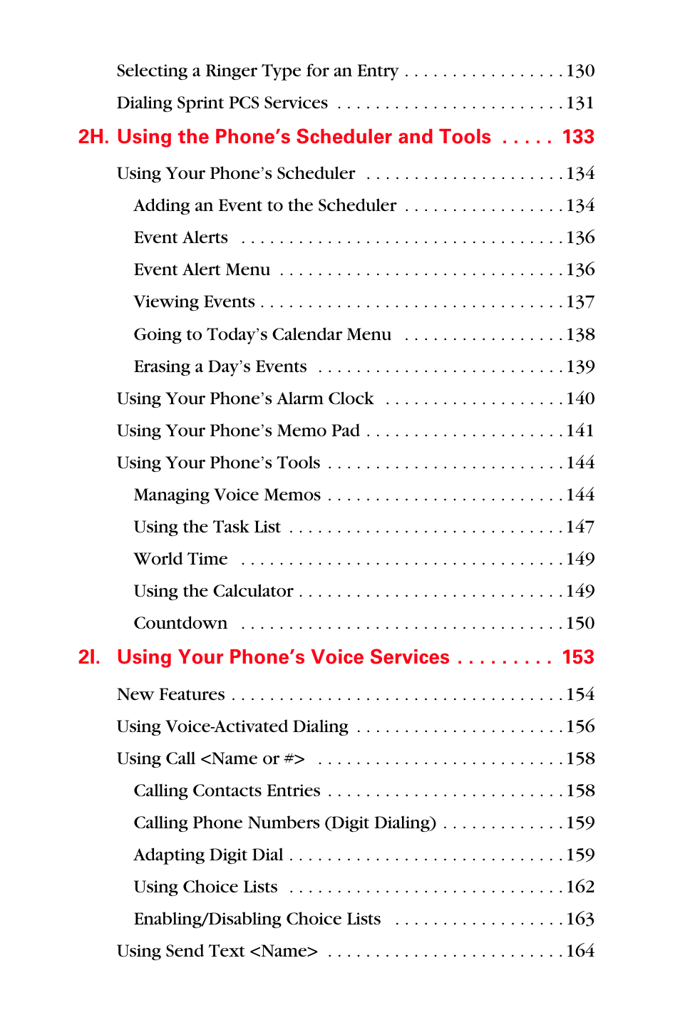 2h. using the phone’s scheduler and tools 133, 2i. using your phone’s voice services 153 | Sprint Nextel MM-A800 User Manual | Page 7 / 318