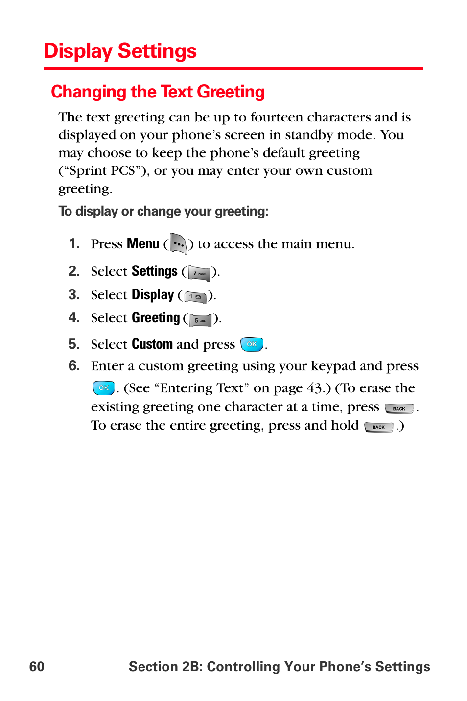 Display settings, Changing the text greeting | Sprint Nextel MM-A800 User Manual | Page 74 / 318