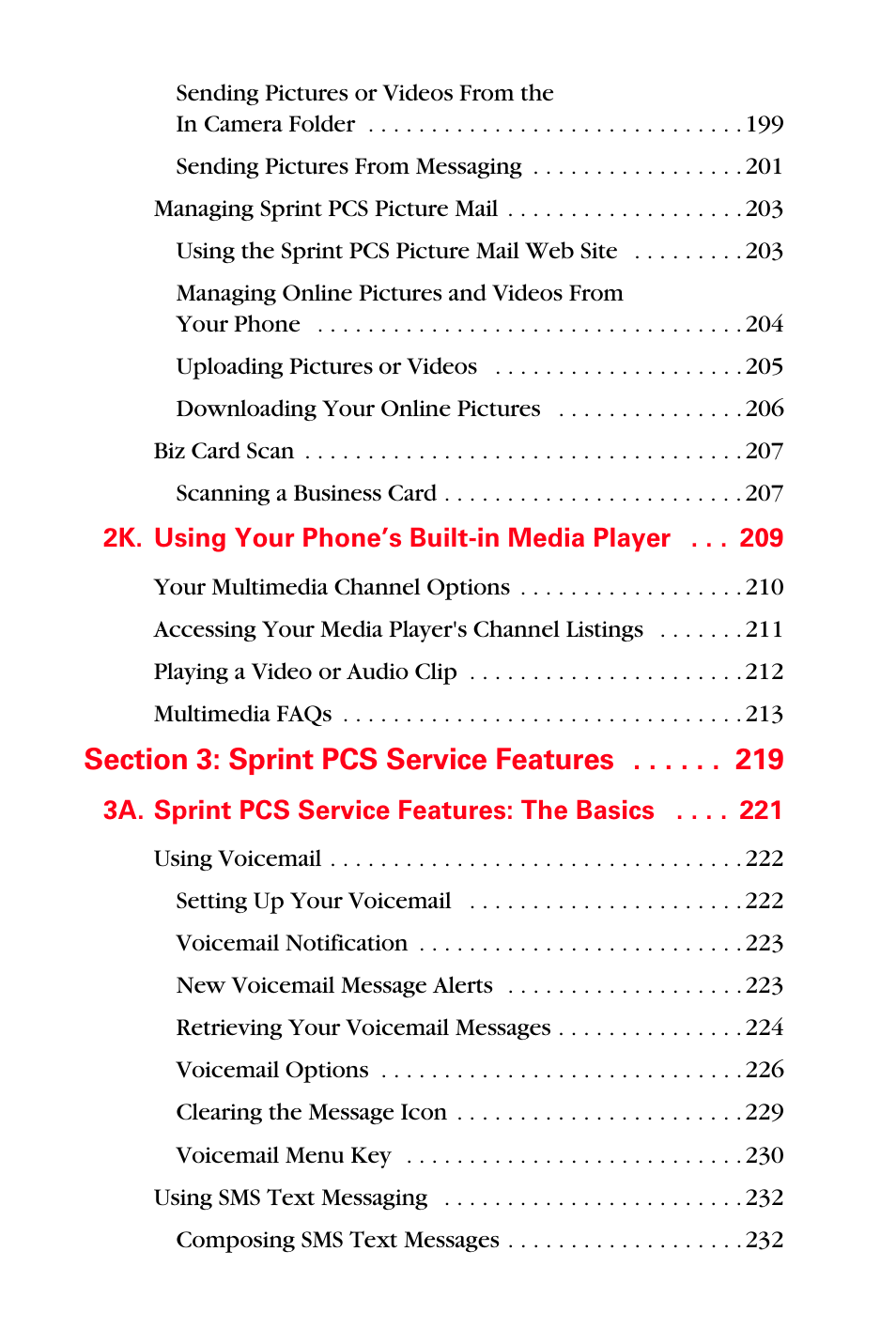 2k. using your phone’s built-in media player 209, Section 3: sprint pcs service features 219, 3a. sprint pcs service features: the basics 221 | Sprint Nextel MM-A800 User Manual | Page 9 / 318