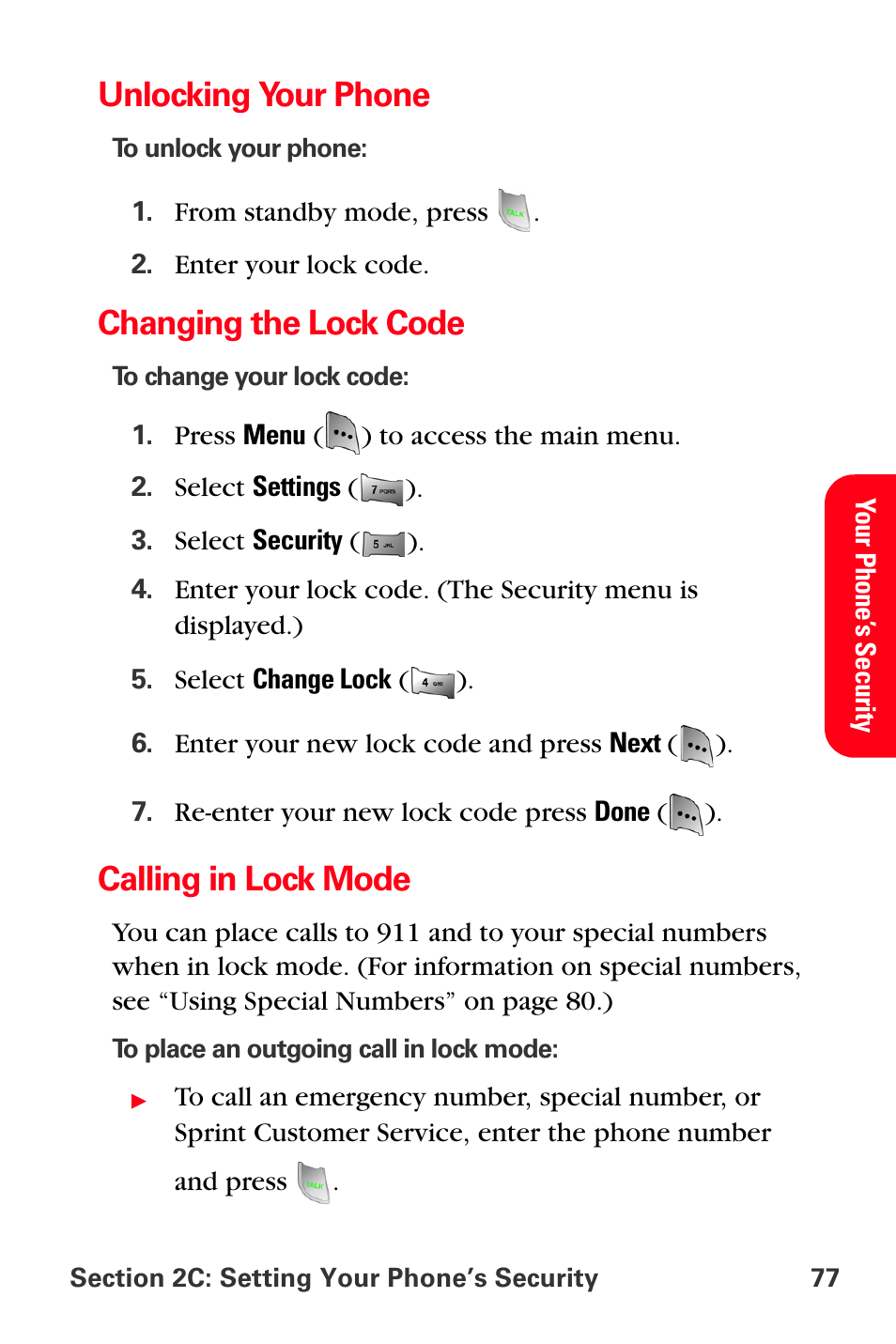 Unlocking your phone, Changing the lock code, Calling in lock mode | Sprint Nextel MM-A800 User Manual | Page 91 / 318