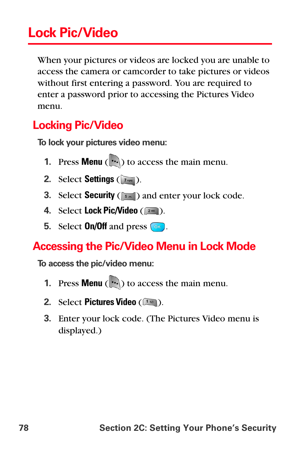 Lock pic/video, Locking pic/video, Accessing the pic/video menu in lock mode | Sprint Nextel MM-A800 User Manual | Page 92 / 318