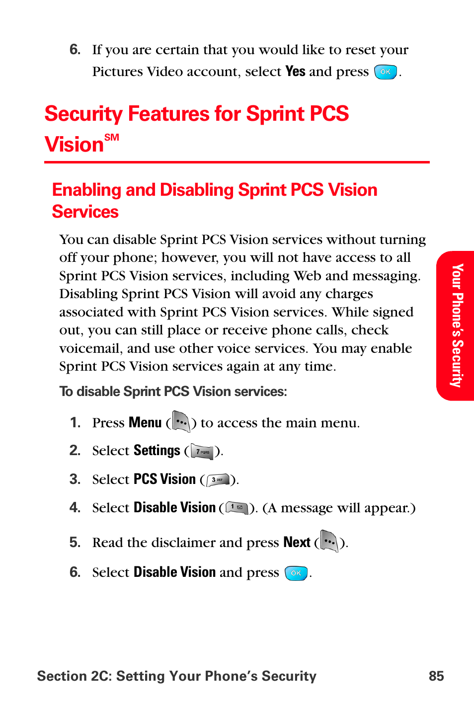 Security features for sprint pcs visionsm, Enabling and disabling sprint pcs vision services, Security features for sprint pcs vision | Sprint Nextel MM-A800 User Manual | Page 99 / 318