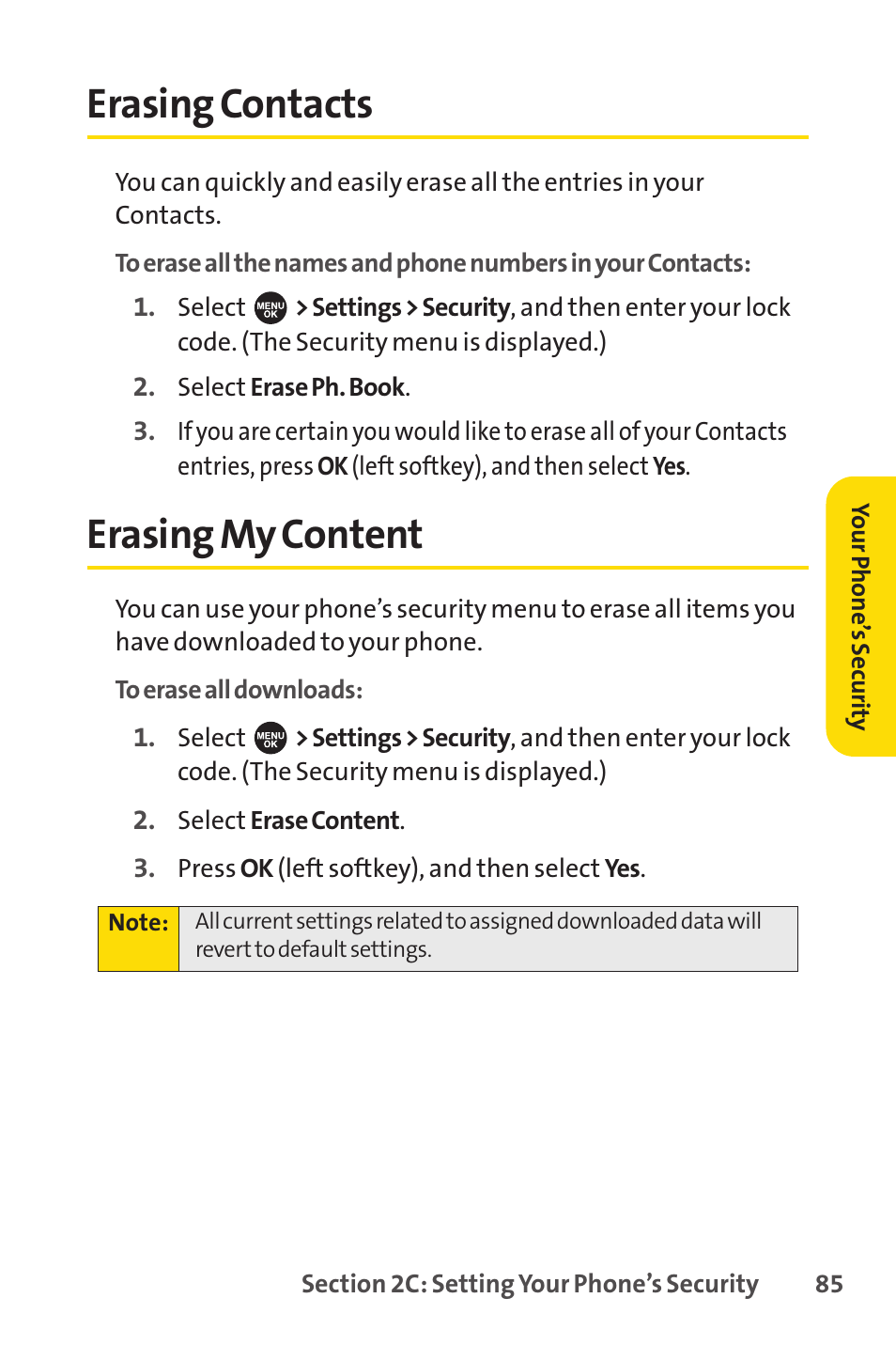 Erasing contacts, Erasing my content, Erasing contacts erasing my content | Sprint Nextel SPRINT PCSVISION SCP-7000 User Manual | Page 101 / 254