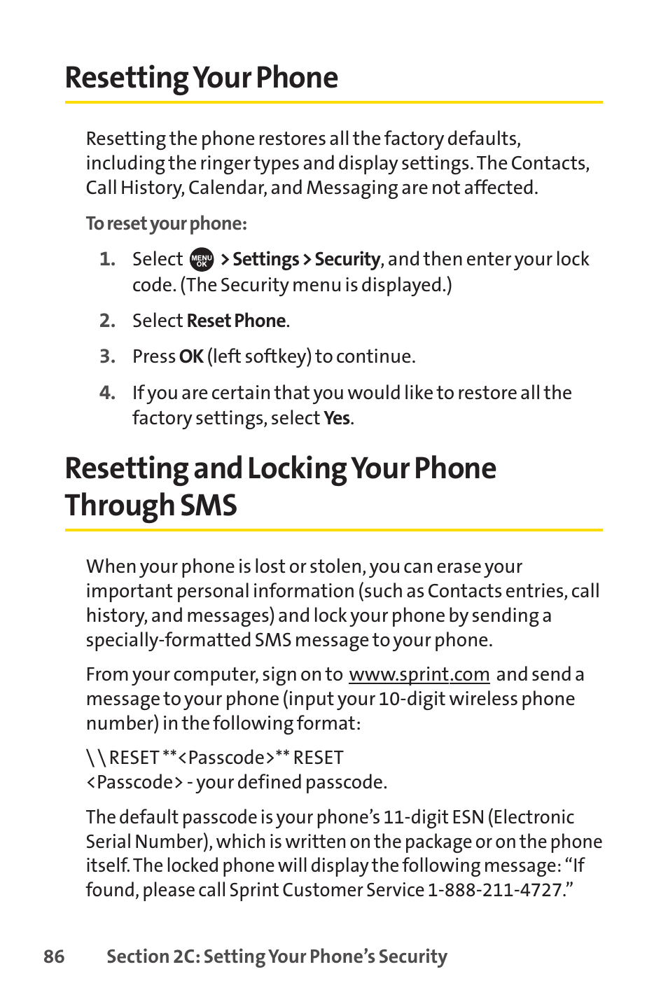 Resetting your phone, Resetting and locking your phone through sms | Sprint Nextel SPRINT PCSVISION SCP-7000 User Manual | Page 102 / 254