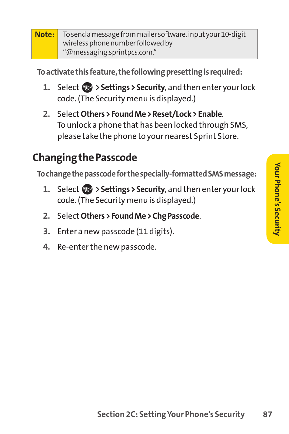 Changing the passcode | Sprint Nextel SPRINT PCSVISION SCP-7000 User Manual | Page 103 / 254