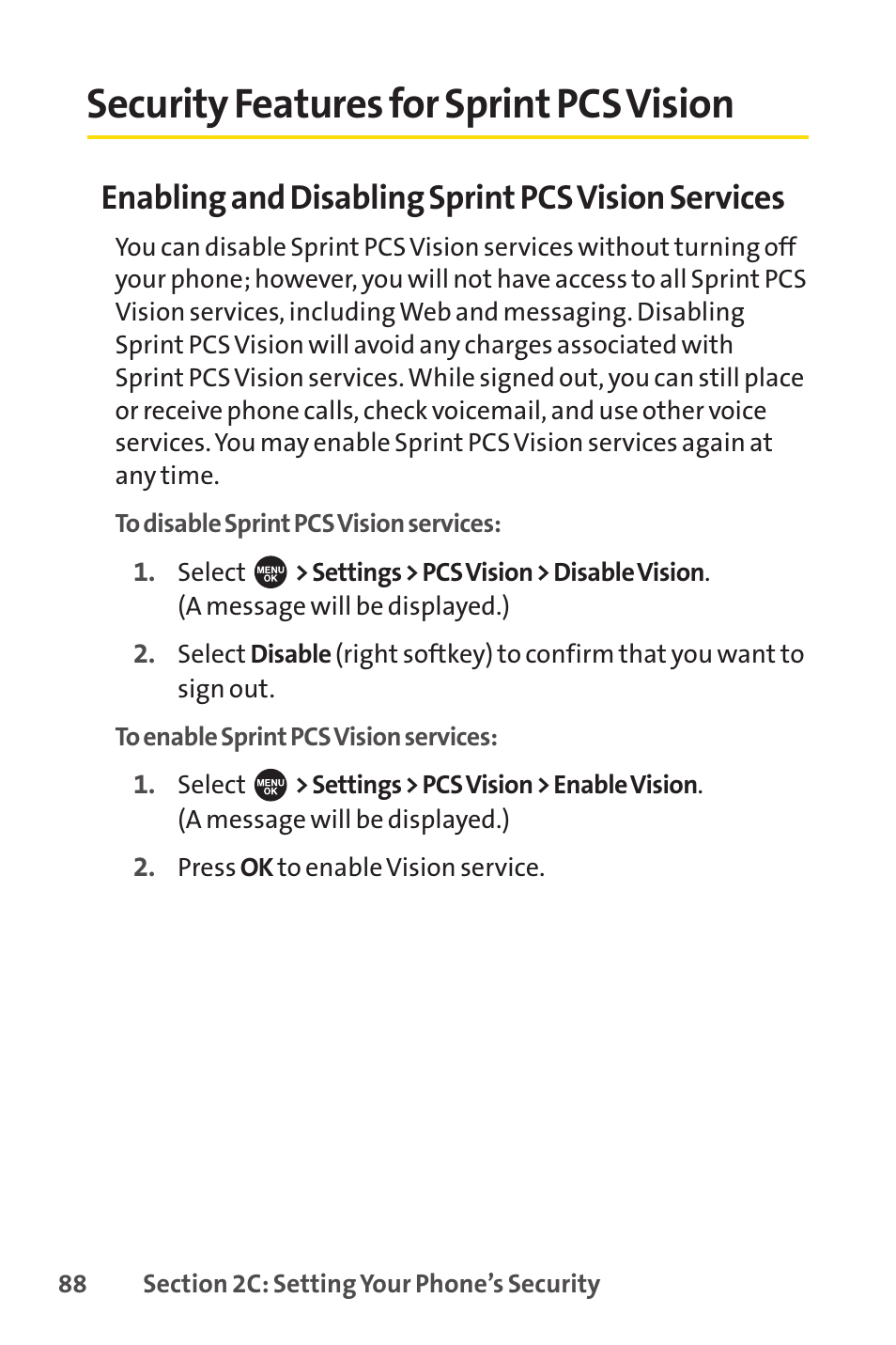 Security features for sprint pcs vision, Enabling and disabling sprint pcs vision services | Sprint Nextel SPRINT PCSVISION SCP-7000 User Manual | Page 104 / 254