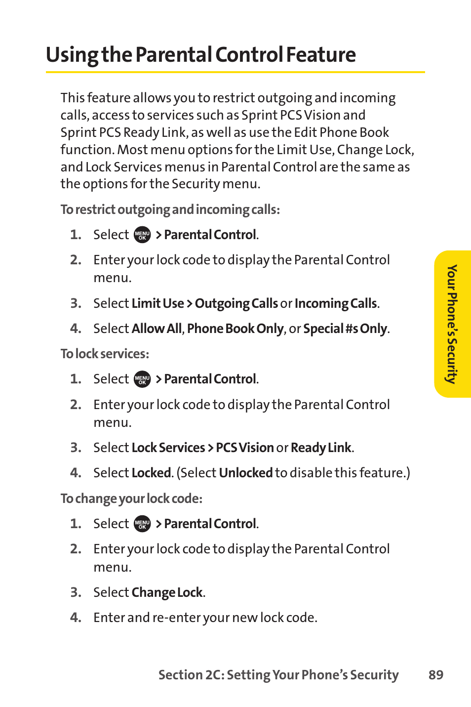 Using the parental control feature | Sprint Nextel SPRINT PCSVISION SCP-7000 User Manual | Page 105 / 254