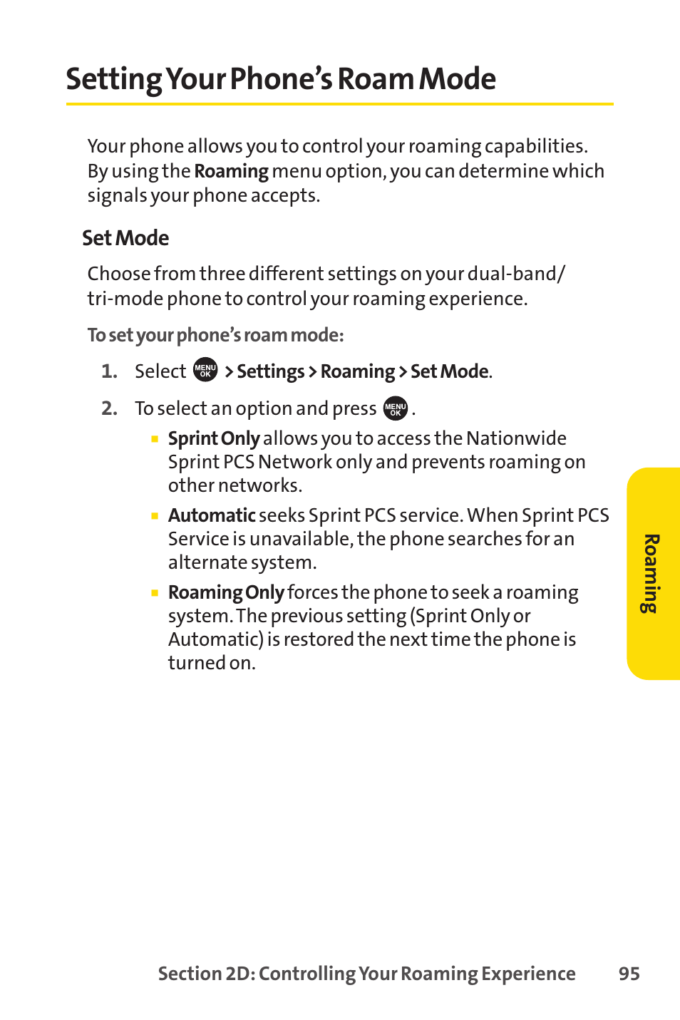 Setting your phone’s roam mode, Settingyour phone’s roam mode | Sprint Nextel SPRINT PCSVISION SCP-7000 User Manual | Page 111 / 254