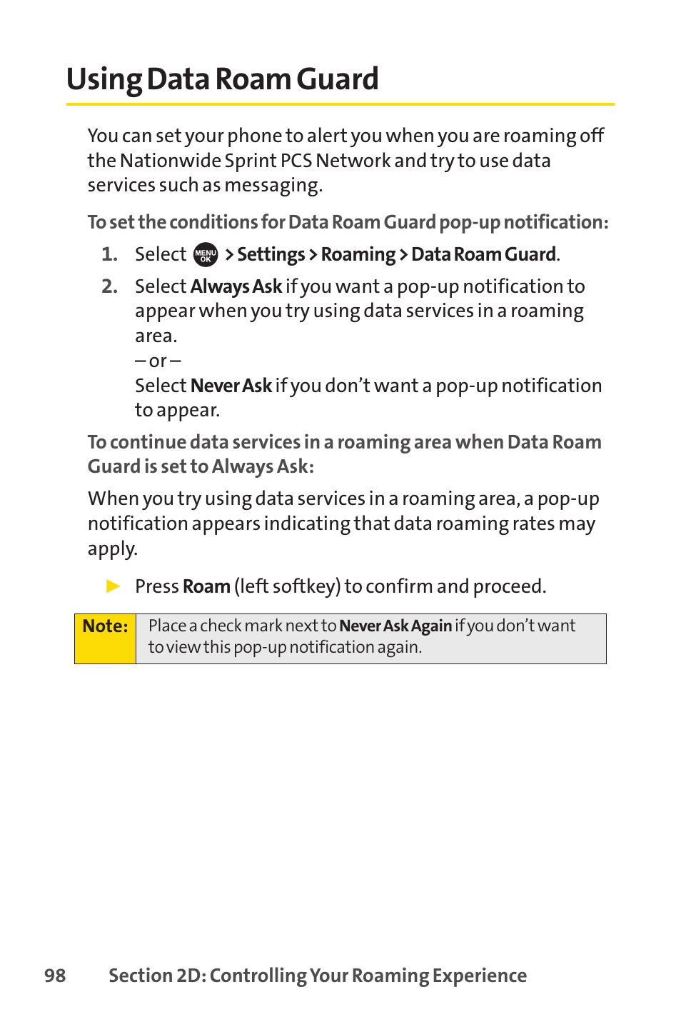 Using data roam guard | Sprint Nextel SPRINT PCSVISION SCP-7000 User Manual | Page 114 / 254