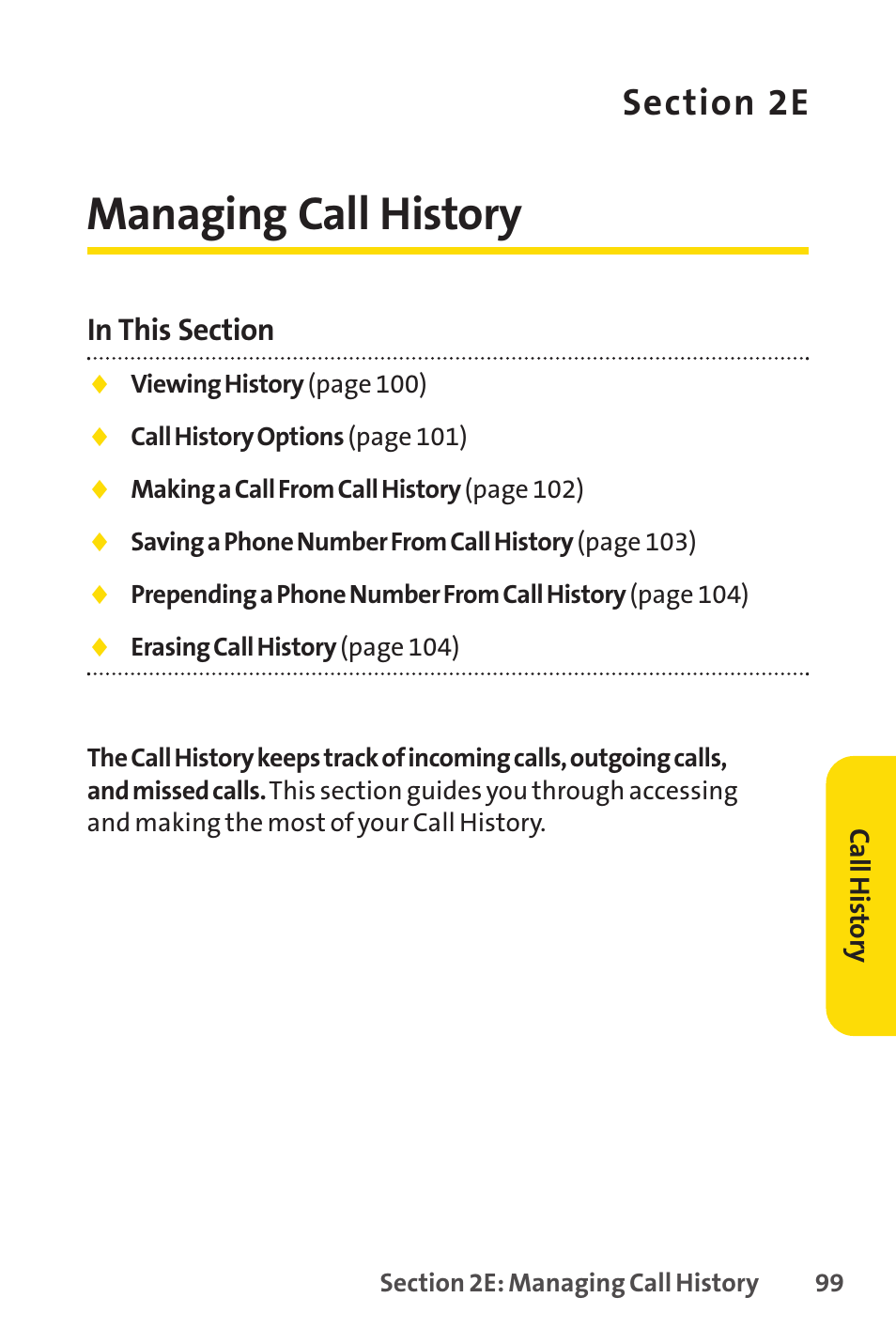 Section 2e. managing call history, 2e. managing call history, Managing call history | Sprint Nextel SPRINT PCSVISION SCP-7000 User Manual | Page 115 / 254