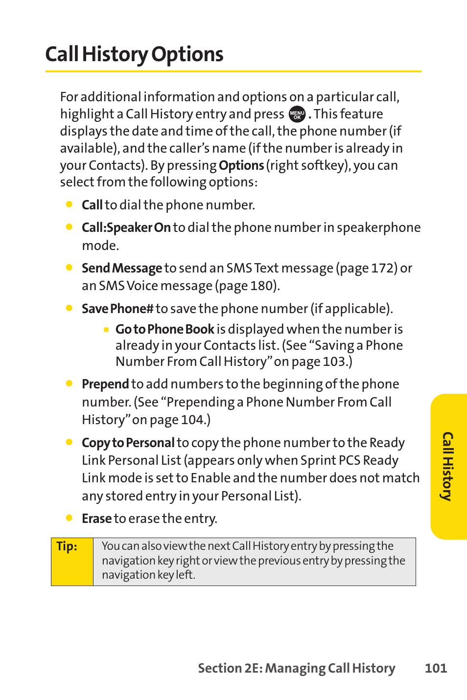 Call history options, Ca llh ist or y | Sprint Nextel SPRINT PCSVISION SCP-7000 User Manual | Page 117 / 254