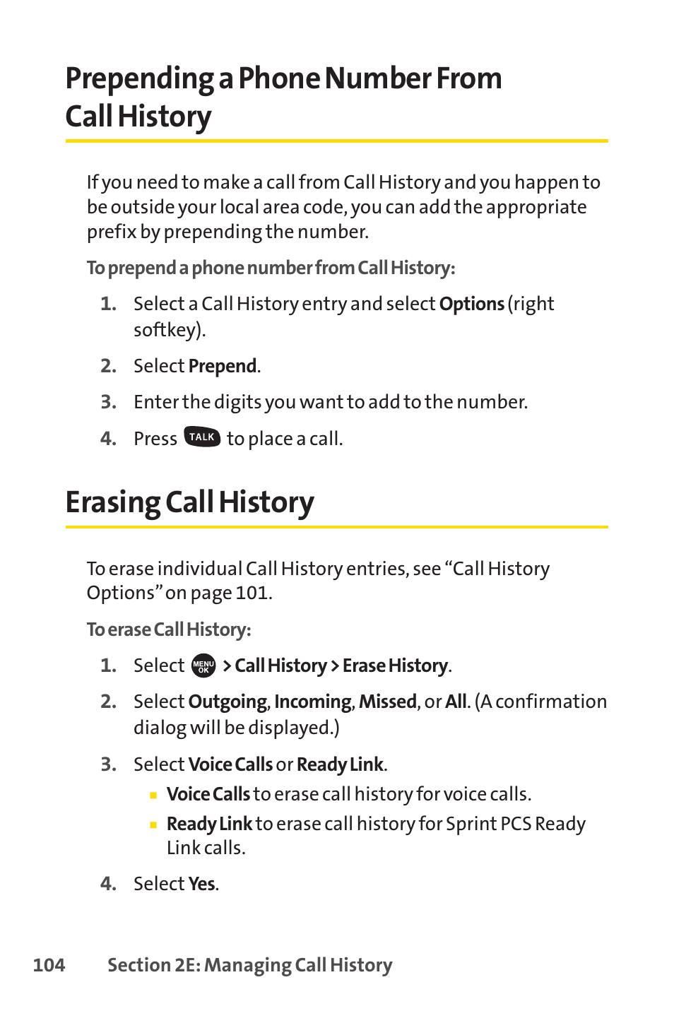 Prepending a phone number from call history, Erasing call history | Sprint Nextel SPRINT PCSVISION SCP-7000 User Manual | Page 120 / 254