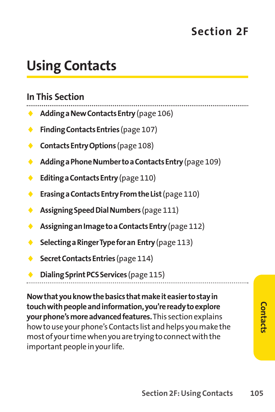 Section 2f. using contacts, 2f. using contacts, Using contacts | Sprint Nextel SPRINT PCSVISION SCP-7000 User Manual | Page 121 / 254