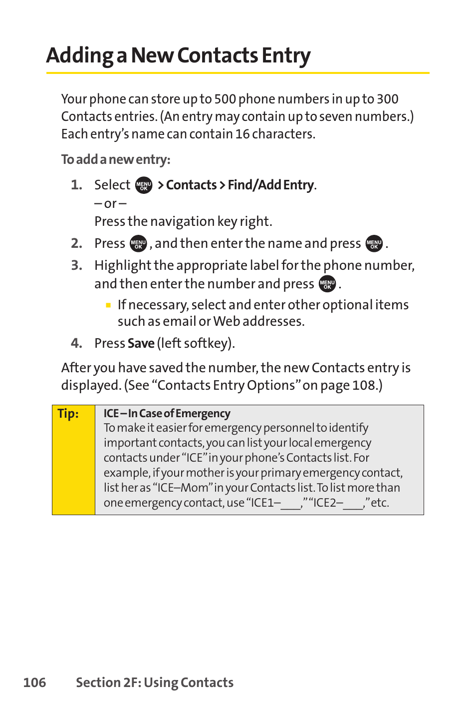 Adding a new contacts entry | Sprint Nextel SPRINT PCSVISION SCP-7000 User Manual | Page 122 / 254