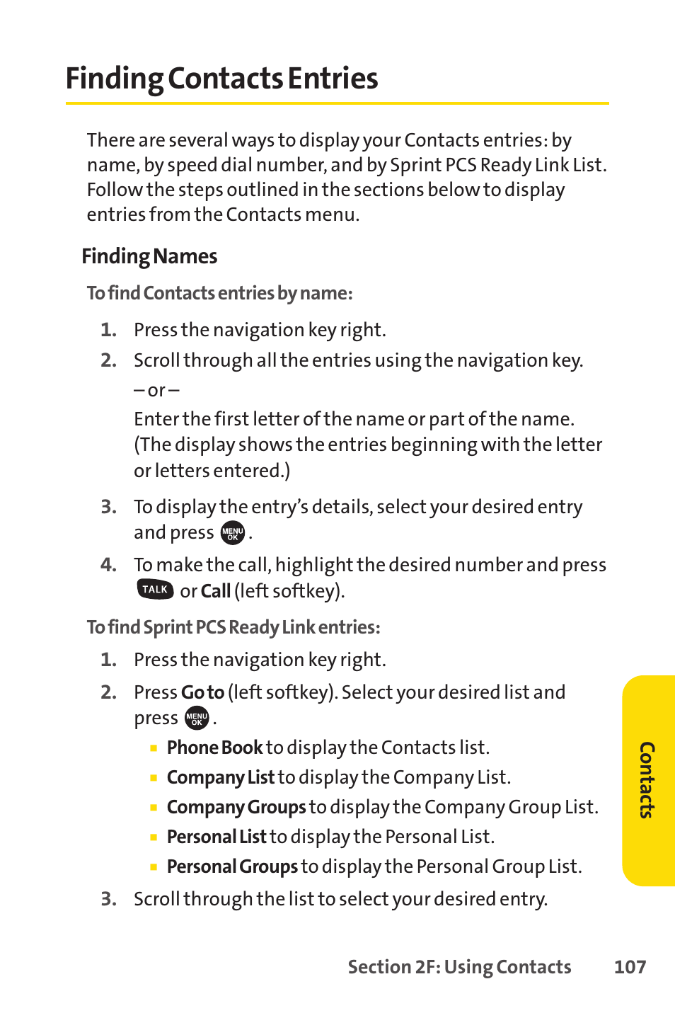 Finding contacts entries | Sprint Nextel SPRINT PCSVISION SCP-7000 User Manual | Page 123 / 254